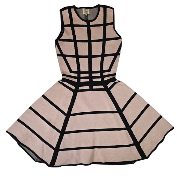Ronny Kobo Collection Dresses & Skirts - Torn by Ronny Kobo Size S Hilda Tan Black Grid Knit Fit Flare Dress Sleeveless